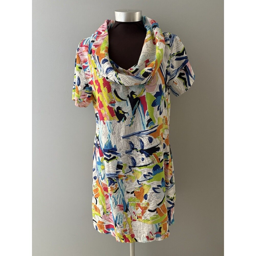 Shana Cowl Neck Dress Womens M Multicolor Crinkle Artsy Colorful Wearable Art